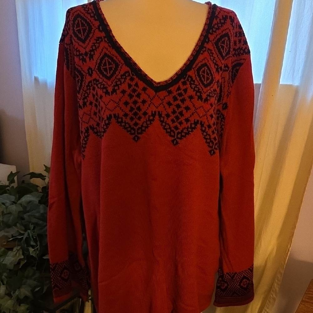 Roaman's Red and Black Patterned Knit Top